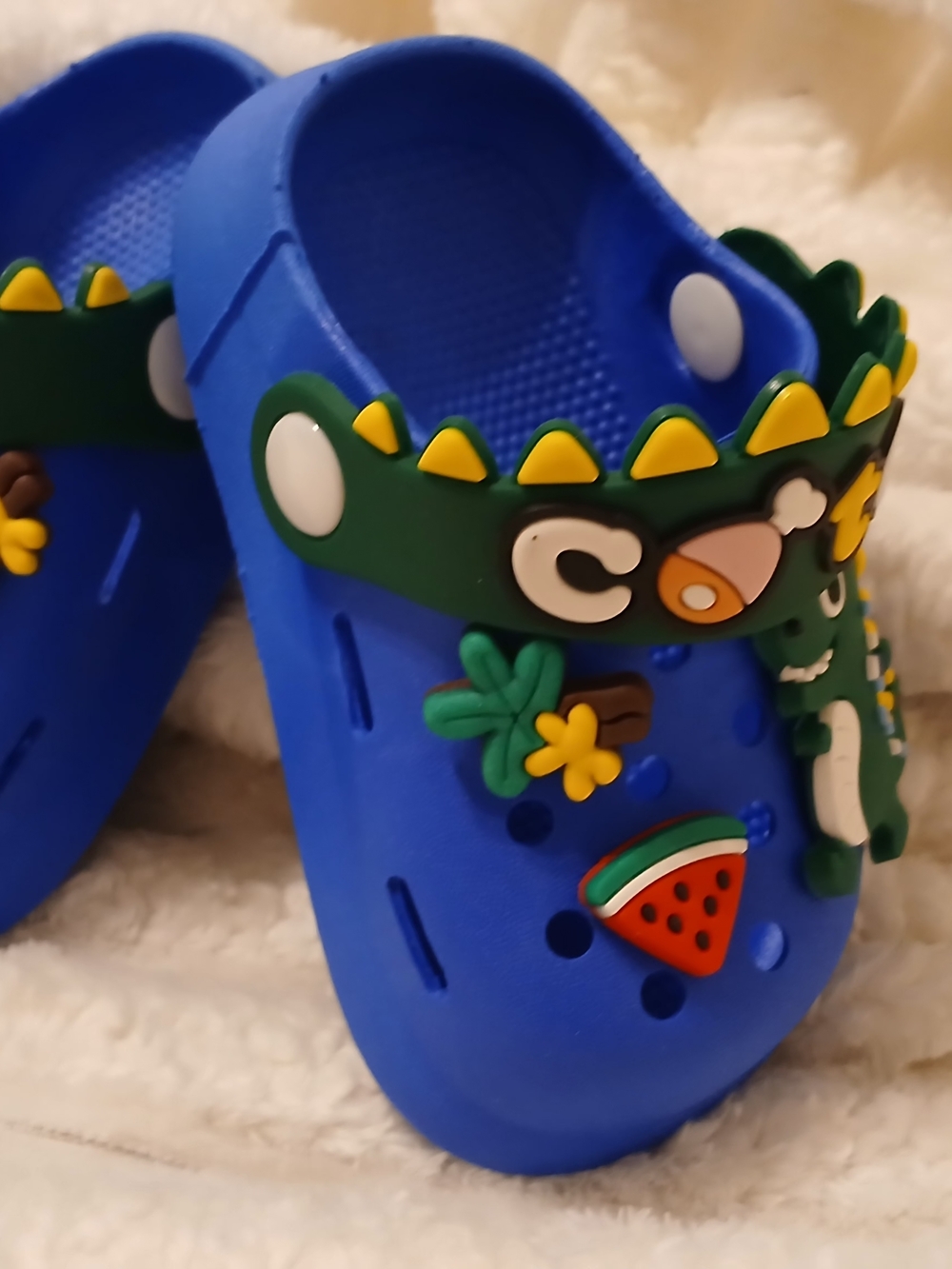 Baby/Kids Blue Croc-Style Clogs with Green Cartoon Strap